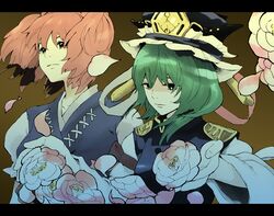  2girls armor female floating_hair flower frills green_eyes green_hair holding japanese_clothes kimono kuma_(artist) kuma_(crimsonvanilla) letterboxed multiple_girls onozuka_komachi red_eyes redhead shiki_eiki short_hair shoulder_pads touhou twintails upper_body wind 