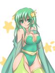  1girl blush breasts bridal_gauntlets cape cleavage detached_sleeves elbow_gloves final_fantasy final_fantasy_iv gloves green_eyes green_hair hair_ornament leotard rydia solo star star_hair_ornament thigh-highs 