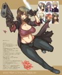  1boy 6+girls breasts cleavage curvy dual_wielding gun handgun highres hips large_breasts memememe midriff multiple_girls open_clothes open_shirt pants pistol shirt thighs translation_request weapon wide_hips 