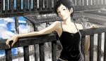  1girl 71 armpits black_eyes black_hair camisole clouds face lips ocean railing science_fiction short_hair solo tank_top 