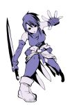  1girl alice_soft angry belt belt_pouch boots clothes_around_waist elbow_gloves fighting_stance fingerless_gloves full_body gloves monochrome open_mouth pastel_chime rindou_saya short_hair simple_background sleeveless solo spread_legs sweater_around_waist sword thigh-highs tsukiyo_rei weapon 