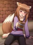  1girl animal_ears awa blush brown_hair drunk feet holo lowres red_eyes spice_and_wolf tail wolf_ears wolf_tail 