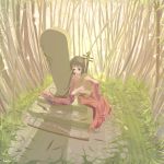  1girl bamboo bamboo_forest bird brown_hair chopsticks forest grave instrument japanese_clothes kimono koto_(instrument) nature original red_eyes solo vofan 