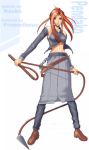  1girl alternate_color breasts brown_footwear closed_mouth detached_sleeves final_fantasy final_fantasy_viii full_body holding holding_whip midriff naska_chijoue navel pencil_skirt quistis_trepe skirt solo standing whip 