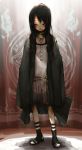  1girl black_hair blood cape cloak coat curtains dress emblem flag jewelry looking_away necklace open_toe_shoes original overcoat red_eyes shoes shun smirk socks solo star striped striped_legwear witch 