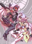  2girls android angry blue_hair breasts cleavage cyborg dark_skin elbow_gloves gloves kos-mos kos-mos_ver._4 long_hair multiple_girls open_mouth pink_hair red_eyes super_robot_wars super_robot_wars_og_saga_mugen_no_frontier t-elos thigh-highs violet_eyes xenosaga xenosaga_episode_iii yukimura_tsubame zettai_ryouiki 