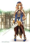  1girl blue_eyes brown_hair cape fantasy kirishima_satoshi long_hair original solo sword weapon 