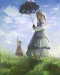  2girls blonde_hair chen clouds dress female fine_art_parody flower grass hat multiple_girls parasol parody shintaro_(honmaguro) shintaro_(pixiv) touhou umbrella woman_with_a_parasol yakumo_yukari 