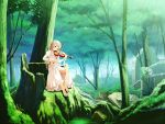  barefoot blonde_hair chinchickrin dress forest green instrument long_hair nature ruins scenery sitting tree tree_stump violin white_dress white_hair 