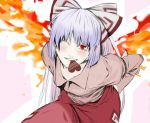  1girl bow chocolate female fiery_wings fire fujiwara_no_mokou hair_bow mouth_hold one_eye_closed silver_hair solo touhou valentine wink 