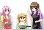  3girls apron artist_request blonde_hair blue_eyes brown_hair caro_ru_lushe cooking fire green_eyes heterochromia long_hair lyrical_nanoha mahou_shoujo_lyrical_nanoha mahou_shoujo_lyrical_nanoha_strikers multiple_girls pink_hair red_eyes short_hair smile steam vivio yagami_hayate 