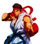  1boy bosnoheya brown_hair capcom clenched_hands fighting_stance headband looking_at_viewer male_focus muscle ryuu_(street_fighter) serious simple_background solo street_fighter yamamiya_hiroshi 