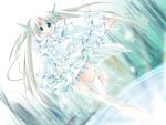  1girl blue_eyes dutch_angle frills grey_hair head_fins kuon_itsuki leg_up long_hair original silver_hair solo thigh-highs twintails very_long_hair white_legwear 