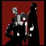  1girl 3boys bob_cut coat hair_over_eyes hitodama japanese_clothes monochrome multiple_boys muscle original red_background short_hair simple_background spot_color standing sugimoto_gang windowboxed 