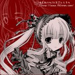  00s 15citron 1girl bonnet capelet drill_hair frills long_hair looking_at_viewer lowres monochrome red_background rozen_maiden shinku sidelocks simple_background smile solo twin_drills twintails upper_body very_long_hair zoom_layer 