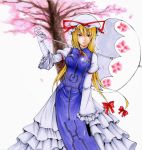  1girl blonde_hair bow breasts cherry_blossoms dress female gloves hair_bow hat long_hair nature parasol plant ribbon solo touhou umbrella violet_eyes white_background yakumo_yukari 