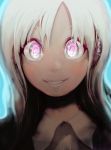  1girl blonde_hair creepy dark_skin ear_piercing face original piercing pink_eyes shirt shun smile solo staring upper_body white_hair 