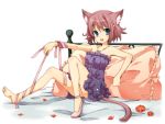 1girl :d animal_ears barefoot bed blue_eyes cat_ears cat_tail feet jewelry kubyou_azami necklace open_mouth original pillow pink_hair ribbon single_shoe sitting smile solo tail 