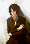  1boy bad_id formal glasses male_focus necktie red_necktie sankaku_(pixi5000) shiden solo suit watch watch 