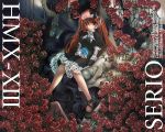 1girl android bangs black_dress blue_rose bow character_name dress flower glowing gothic_lolita hair_between_eyes hair_bow hairband hayase_yuuichirou high_collar high_heels holding lace lace-trimmed_dress lolita_fashion lolita_hairband long_hair looking_at_viewer orange_hair red_eyes red_rose robot_ears rose serio shoes short_dress sitting solo throne to_heart very_long_hair vines 