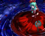  1girl aqua_eyes aqua_hair arm_ribbon bow branch dress female frills front_ponytail green_eyes green_hair hair_bow hair_ribbon kagiyama_hina kobanzame leaf light_smile maple_leaf red_dress reflection ribbon ripples smile solo touhou water 