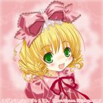  00s 15citron 1girl :d blonde_hair bow dress drill_hair eyebrows eyebrows_visible_through_hair green_eyes hair_bow hina_ichigo looking_at_viewer lowres open_mouth pink_bow pink_dress ribbon rozen_maiden short_hair smile solo 