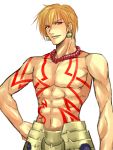  1boy blonde_hair earrings fate/stay_night fate_(series) gilgamesh ichimedoo jewelry male_focus necklace red_eyes shirtless smile solo tattoo 