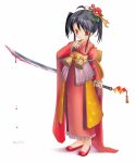  1girl black_hair blood child flower hair_flower hair_ornament hairpin japanese_clothes katana kimono red_eyes sword twintails weapon yurikuta_tsukumi 