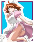  1girl ass blue_eyes border brown_hair cosplay gambler_club haruka_(pokemon) hat heart joy_(pokemon) nurse nurse_cap oekaki one_eye_closed panties pantyshot pokemon pokemon_(game) pokemon_rse underwear wink 