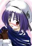 1girl :d beret blush brown_gloves caro_ru_lushe full-face_blush gloves hands_clasped hat long_sleeves looking_at_viewer lyrical_nanoha mahou_shoujo_lyrical_nanoha mahou_shoujo_lyrical_nanoha_strikers open_mouth purple_hair red_eyes short_hair smile solo zerosu_(take_out) 