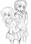  2girls akane_souichi clannad fujibayashi_kyou fujibayashi_ryou monochrome multiple_girls school_uniform serafuku siblings sisters sketch thigh-highs twins 