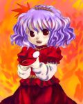  1girl breasts brooch female gem hair_ornament jewelry leaf_hair_ornament long_sleeves looking_back lowres ono_mochiko puffy_short_sleeves puffy_sleeves purple_hair red_eyes short_hair short_sleeves small_breasts solo touhou wavy_hair yasaka_kanako 