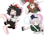  3girls black_hair brown_hair camera chen chibi earrings fang female gengorou hairband hat jewelry katana konpaku_youmu konpaku_youmu_(ghost) lowres multiple_girls shameimaru_aya silver_hair sword tokin_hat touhou weapon 