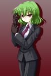  1girl adjusting_clothes adjusting_gloves alternate_costume black_suit bococho female formal gloves gradient gradient_background green_hair kazami_yuuka necktie pant_suit red_background red_eyes short_hair solo suit touhou youkai 