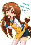  1girl apron brown_hair chocolate food happy_valentine long_hair muraji red_eyes school_uniform serafuku solo thigh-highs valentine 