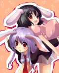  2girls animal_ears back-to-back black_hair blazer blush breasts carrot carrying female inaba_tewi jacket kobanzame lavender_hair long_hair multiple_girls necktie open_mouth outstretched_arms rabbit_ears red_eyes red_necktie reisen_udongein_inaba short_hair simple_background smile spread_arms sweatdrop touhou 