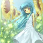  bangs blue_hair dress flower furude_rika higurashi_no_naku_koro_ni kichiroku long_hair sunflower violet_eyes 