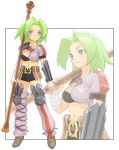 1girl armor asymmetrical_clothes belt blue_eyes buckle green_hair iyokawa knee_pads looking_at_viewer midriff miniskirt multiple_views navel original rod shoes simple_background skirt staff standing stomach upper_body white_background 