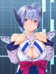  1girl ahoge android bad_id bare_shoulders blue_background blue_hair blush bow breasts cleavage cleavage_cutout embarrassed halterneck hands_on_own_chest huge_breasts japanese_clothes long_sleeves looking_away looking_up nose_blush phantasy_star phantasy_star_universe red_eyes robot_ears short_hair solo upper_body wide_sleeves yuzuriha_(active_homing) 