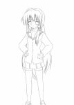  1girl akane_souichi blazer clannad fujibayashi_kyou hands_on_hips jacket loafers long_sleeves looking_at_viewer miniskirt monochrome shoes simple_background skirt solo standing white_background 