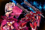  1girl aguy breasts cannon cleavage collarbone comic cowboy_shot dress heterochromia japanese_clothes kimono large_breasts long_sleeves looking_at_viewer mecha obi original pink_eyes red_dress redhead sash silent_comic solo turret wide_sleeves 