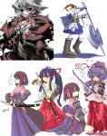  4girls atlus axe battle battle_axe black_hair blue_dress boots brown_boots brown_hair bushidou_(sekaiju) curse_maker cursemaker dress from_side full_body gauntlets highres holding holding_weapon japanese_clothes kimono knee_boots long_sleeves miko monster multiple_girls obi ponytail profile purple_hair ronin sash sekaiju_no_meikyuu short_hair standing weapon 