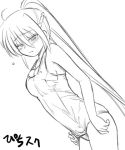  1girl ahoge blush breasts cleavage hijiri_tsukasa long_hair lowres lyrical_nanoha mahou_shoujo_lyrical_nanoha mahou_shoujo_lyrical_nanoha_a&#039;s medium_breasts monochrome one-piece_swimsuit ponytail school_swimsuit signum sketch solo swimsuit very_long_hair 