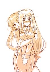  2girls blush fate_testarossa hug kawakami_shuuichi long_hair low-tied_long_hair lyrical_nanoha mahou_shoujo_lyrical_nanoha mahou_shoujo_lyrical_nanoha_strikers military military_uniform monochrome multiple_girls orange_(color) pantyhose shu_(artist) side_ponytail takamachi_nanoha thigh-highs tied_hair uniform v_arms yuri 