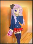  1girl blush coat gift hiiragi_kagami holding holding_gift locker long_hair lucky_star purple_hair scarf solo thigh-highs twintails zettai_ryouiki 