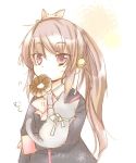  1girl animal brown_eyes brown_hair cat doughnut eyebrows eyebrows_visible_through_hair food furui_suguri little_busters!! long_sleeves mouth_hold natsume_rin side_ponytail simple_background solo upper_body white_background 