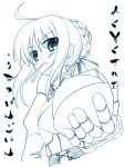  1girl akino_sora armor blue blush chopsticks fate/stay_night fate_(series) hands monochrome rice rice_bowl saber solo 