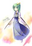  1girl arms_behind_back blue_dress bow character_name daiyousei dress female green_eyes green_hair hair_bow neck_ribbon ribbon side_ponytail solo sorano_eika the_embodiment_of_scarlet_devil touhou wings 