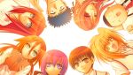  3boys 5girls azuma_satori bamboo_blade blonde_hair blue_eyes blush book brown_hair chiba_kirino danjuuro_eiga eiga_danjuurou expressionless finger_gun glasses green_eyes igarashi_aguri ishida_toraji kawazoe_tamaki kuwahara_sayako looking_at_viewer miyazaki_miyako multiple_boys multiple_girls nakata_yuuji orange_hair purple_hair red_eyes school_uniform shirt simple_background smile spiky_hair upside-down yellow_eyes 