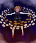  1girl :d blonde_hair cookie danmaku female food hair_ribbon kuma_(artist) kuma_(crimsonvanilla) necktie open_mouth outstretched_arms red_eyes ribbon rumia short_hair smile solo spread_arms the_embodiment_of_scarlet_devil touhou youkai 